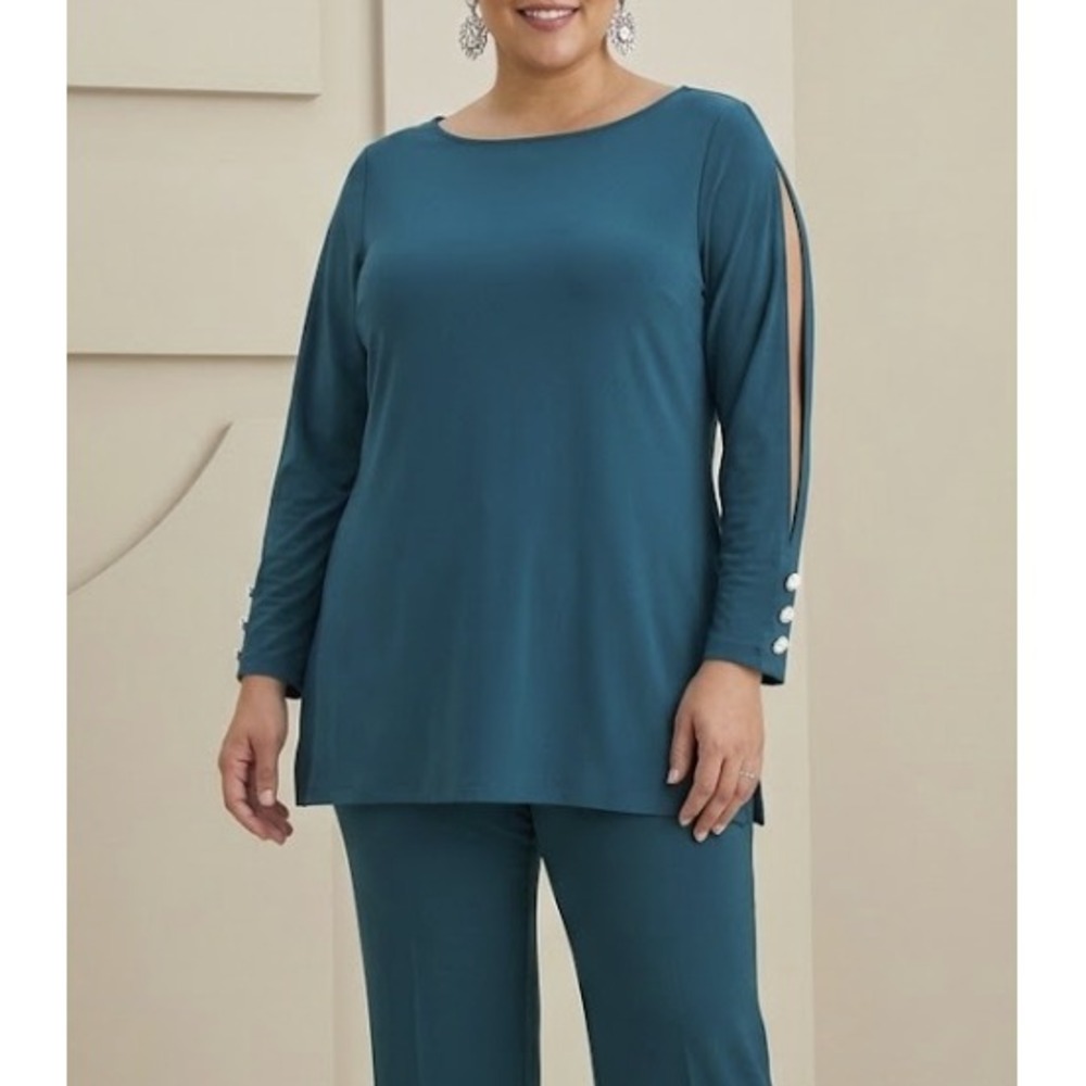 New Chico's Knit Tunic XL/3 Teal Open Slit Sleeve Button Cuff Stretch Preppy